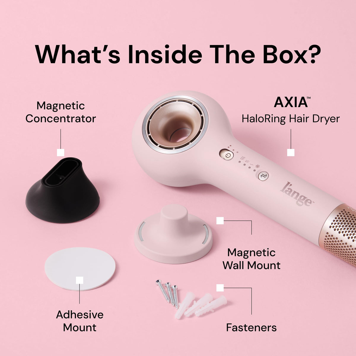 L'ANGE HAIR Axia HaloRing Ionic Hair Dryer with heat settings displayed