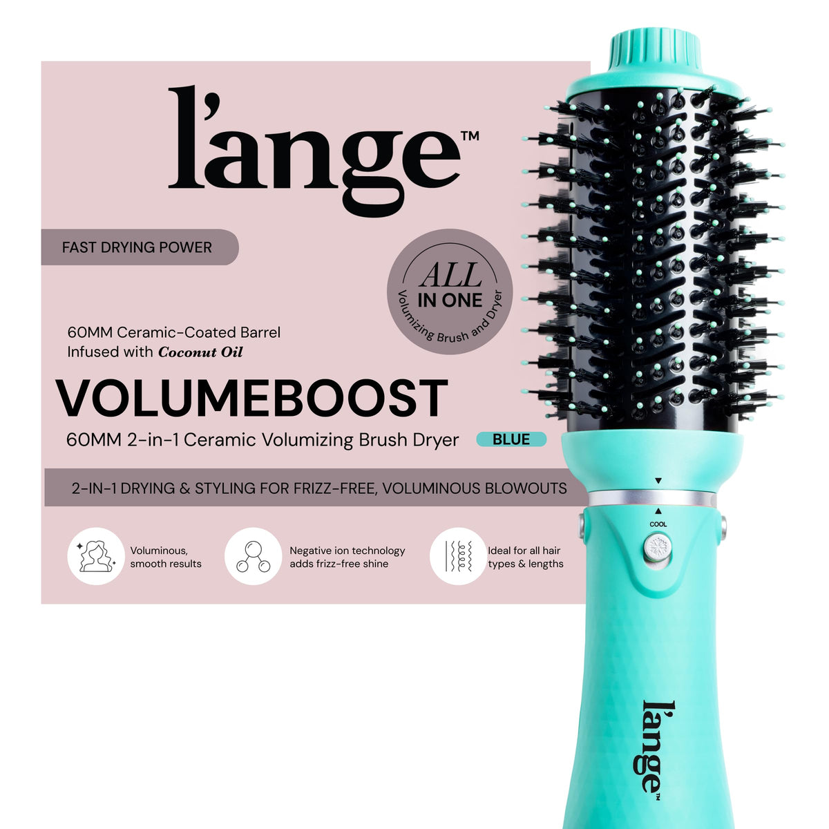 L'ANGE HAIR VolumeBoost 60mm brush dryer front view in blue