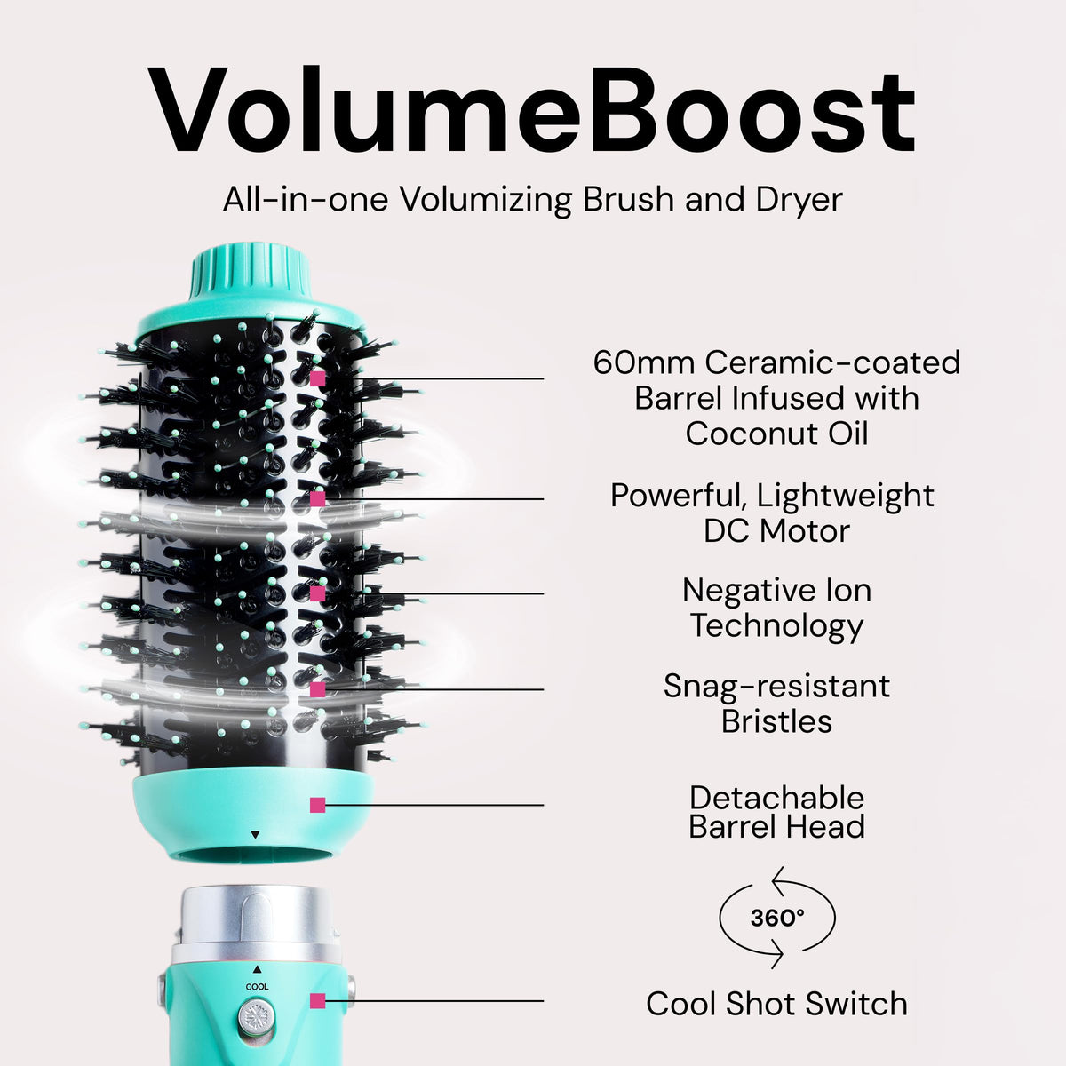 L'ANGE HAIR VolumeBoost brush dryer showing ceramic-coated barrel