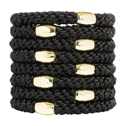L. Erickson black hair ties with gold beads front view