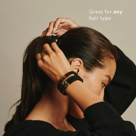 L. Erickson Mocha Ponytail Holders in use with a ponytail