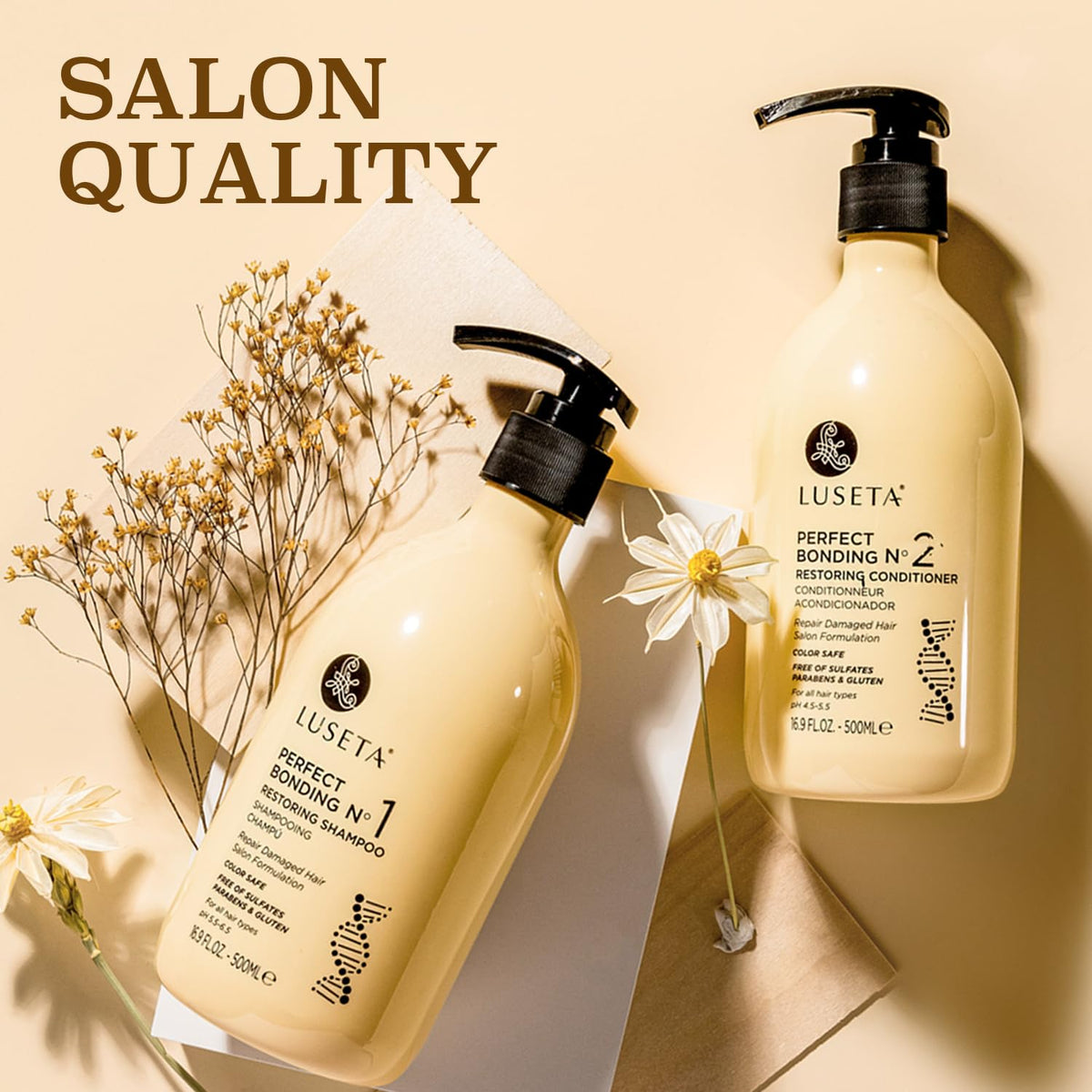 L LUSETA Bond Repair Shampoo and Conditioner Set on bathroom shelf