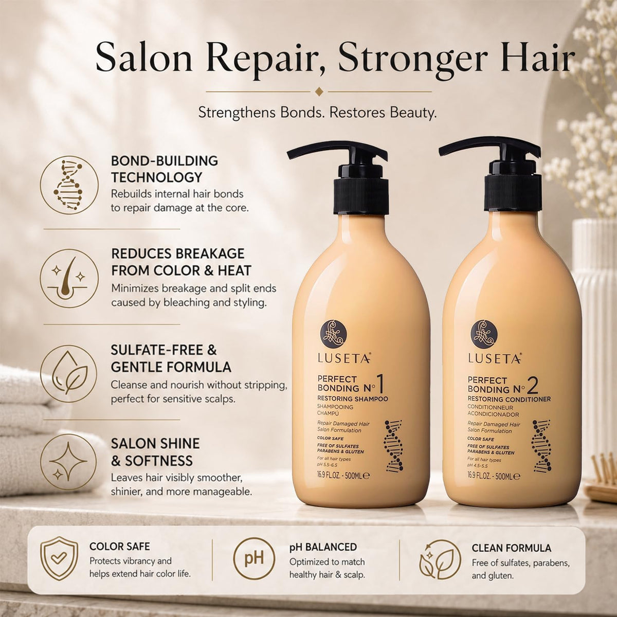 L LUSETA Bond Repair Shampoo bottle close-up