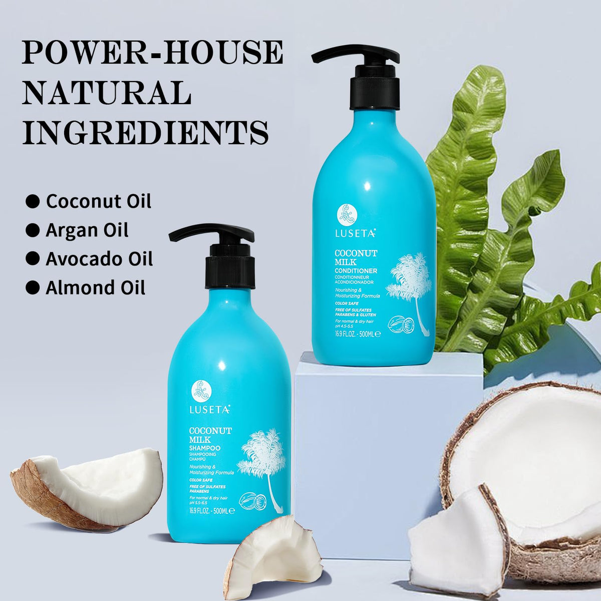 L LUSETA Coconut Oil Shampoo 16.9oz bottle side view