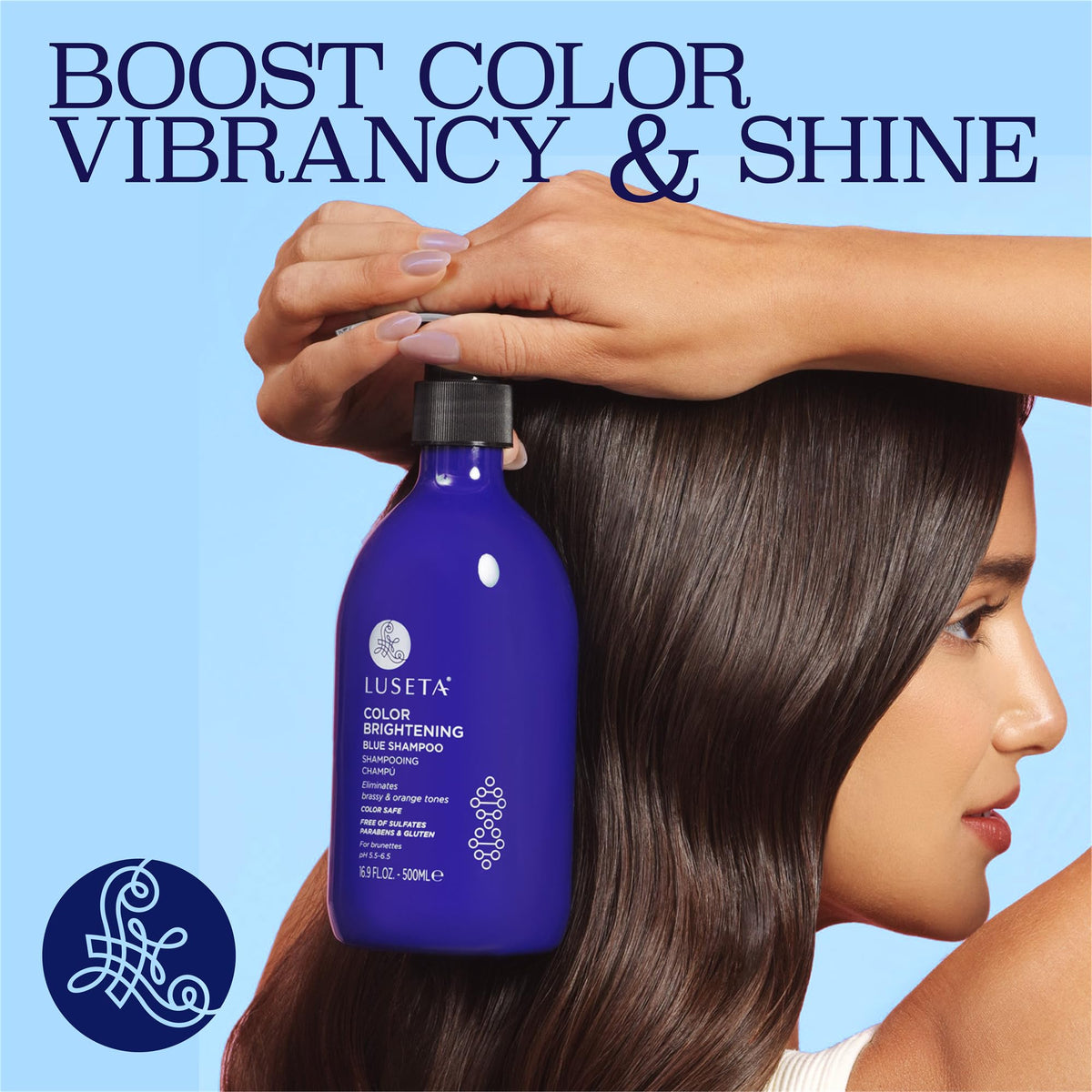 L LUSETA Color Brightening Blue Shampoo 16.9oz in bathroom setting