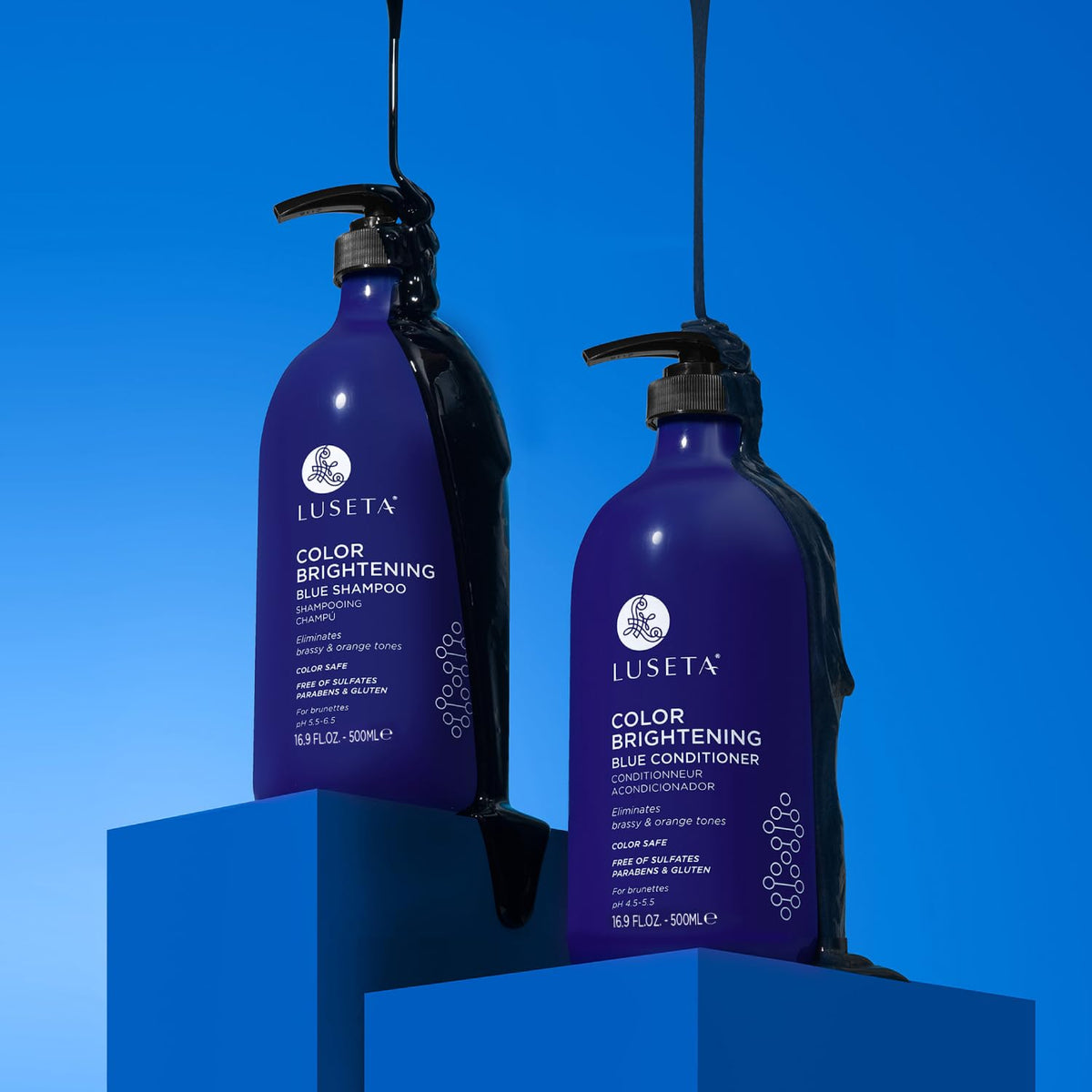 L LUSETA Color Brightening Blue Shampoo and Conditioner on bathroom shelf