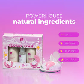 L LUSETA Glossy Pearl Hair Care Set displayed on a bathroom shelf