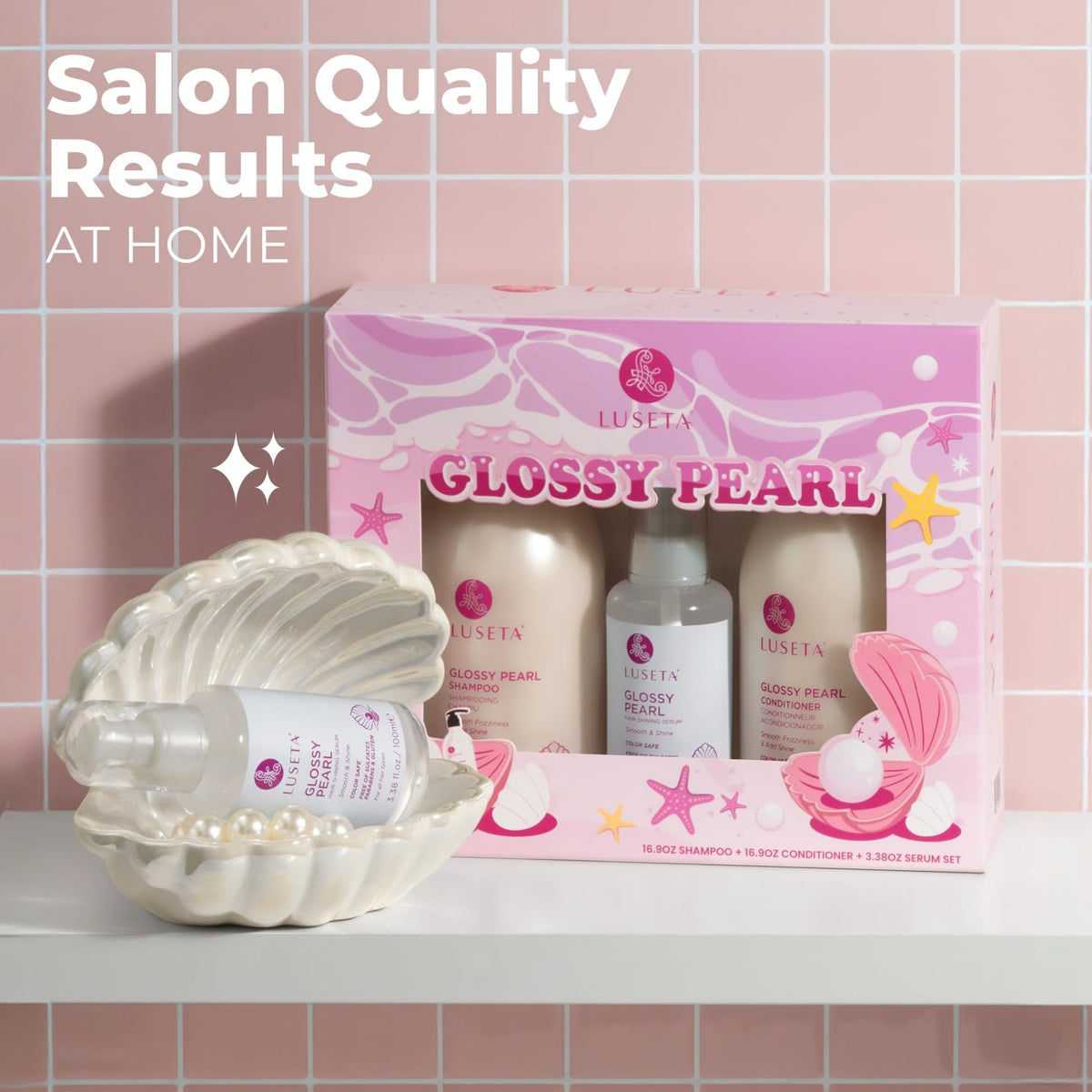 L LUSETA Glossy Pearl Hair Care Set hair oil bottle front view