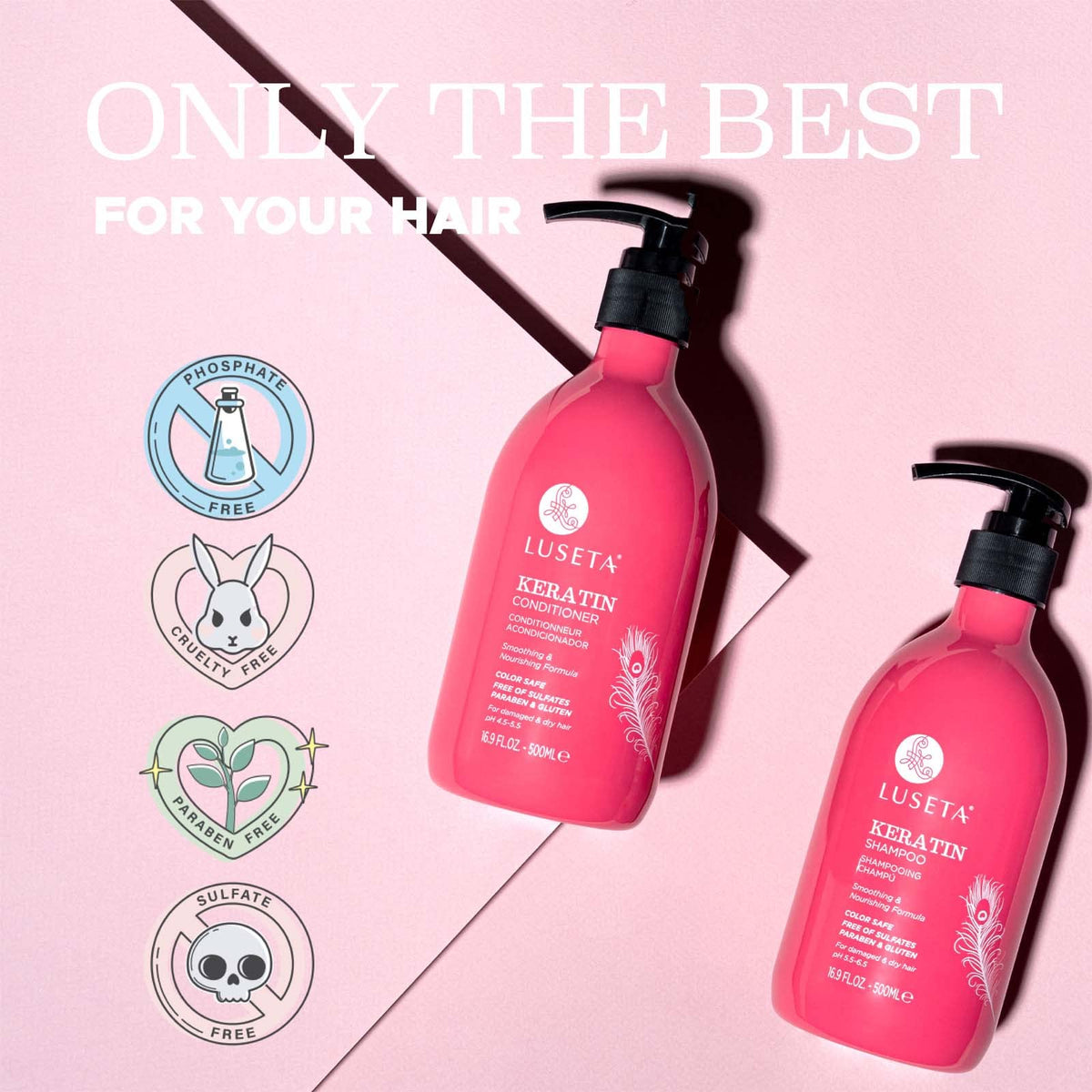 L LUSETA Keratin Shampoo and Conditioner bottles on a bathroom shelf