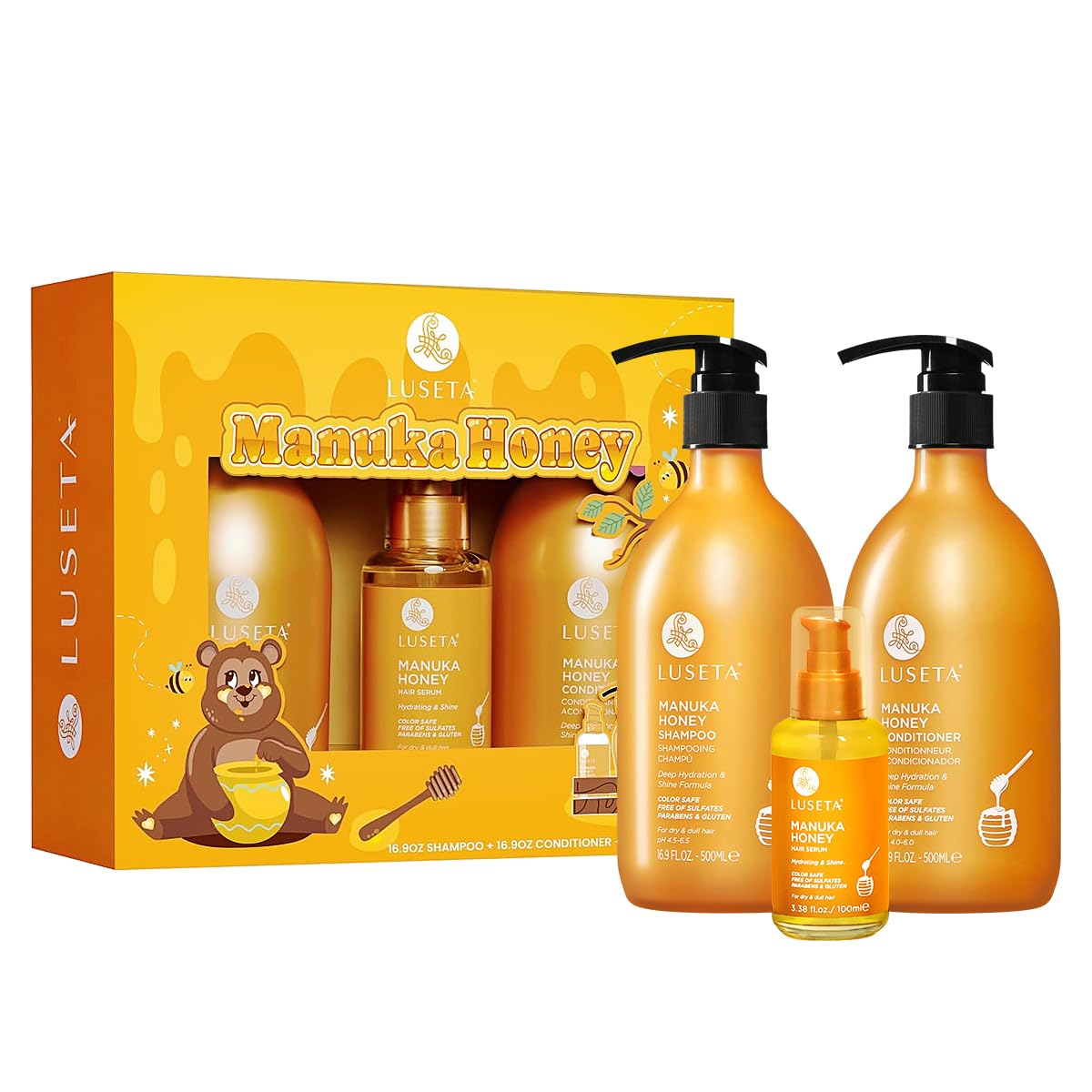 L LUSETA Manuka Honey Moisturizing Trio Hair Care Set front view