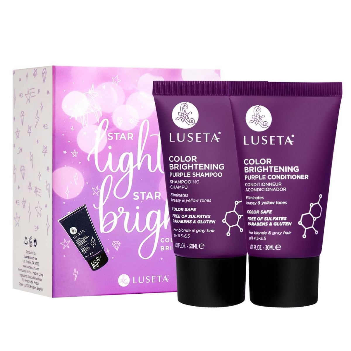 L LUSETA Purple Travel Shampoo and Conditioner Mini Kit front view