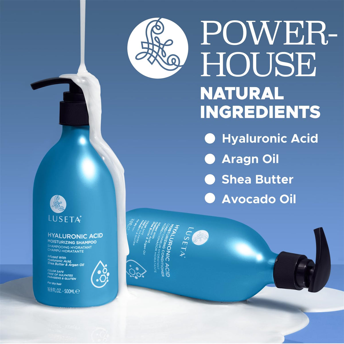 L LUSETA shampoo and conditioner set on a bathroom counter