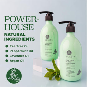 L LUSETA Tea Tree Mint Shampoo and Conditioner on a bathroom shelf
