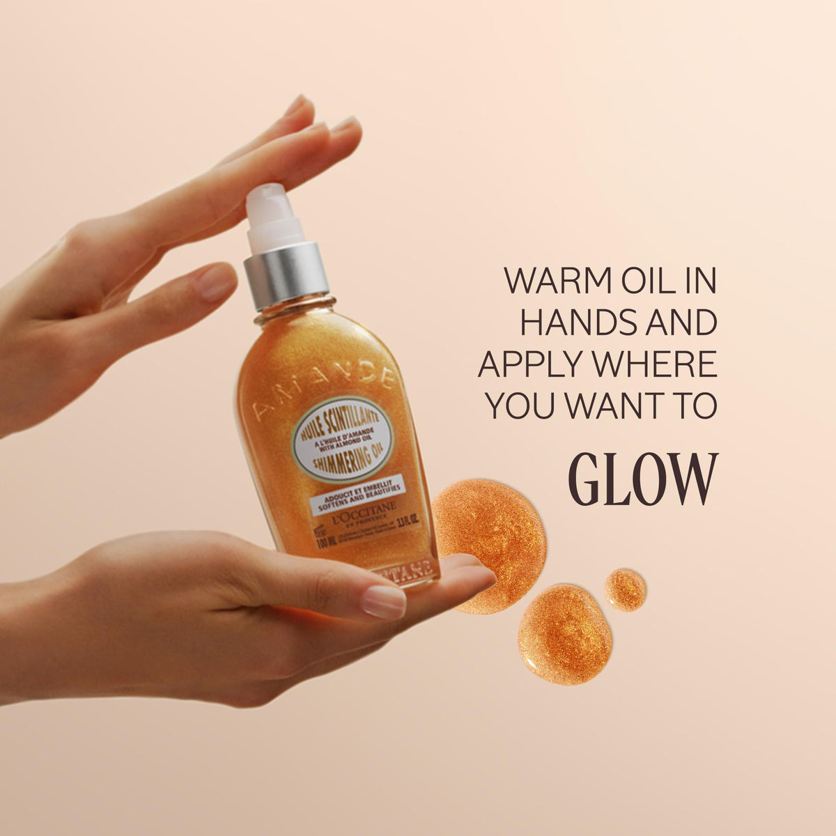 L'OCCITANE Almond Shimmering Body Oil on skin showing radiant glow