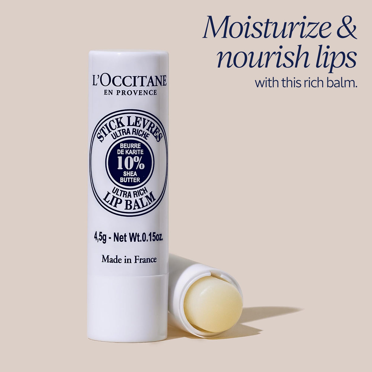 L'OCCITANE lip balm stick packaging with ingredients listed