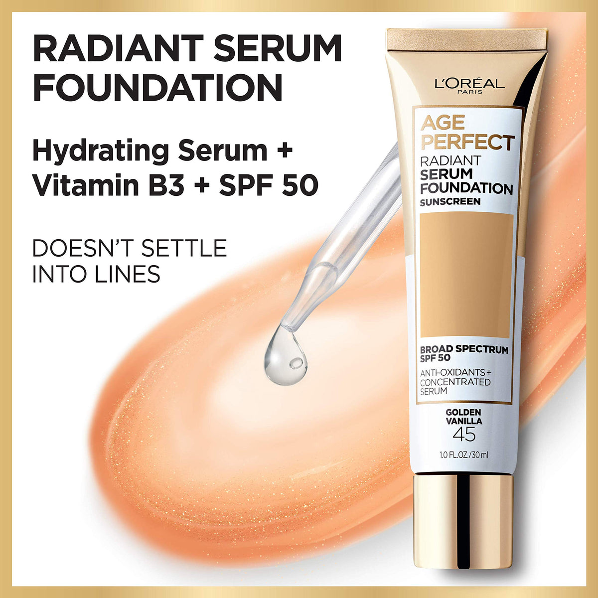L'Oreal Paris Age Perfect Radiant Serum Foundation SPF 50, Sienna texture on skin