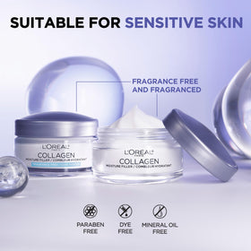 L'Oreal Paris Collagen Moisture Filler Face Cream in bathroom setting