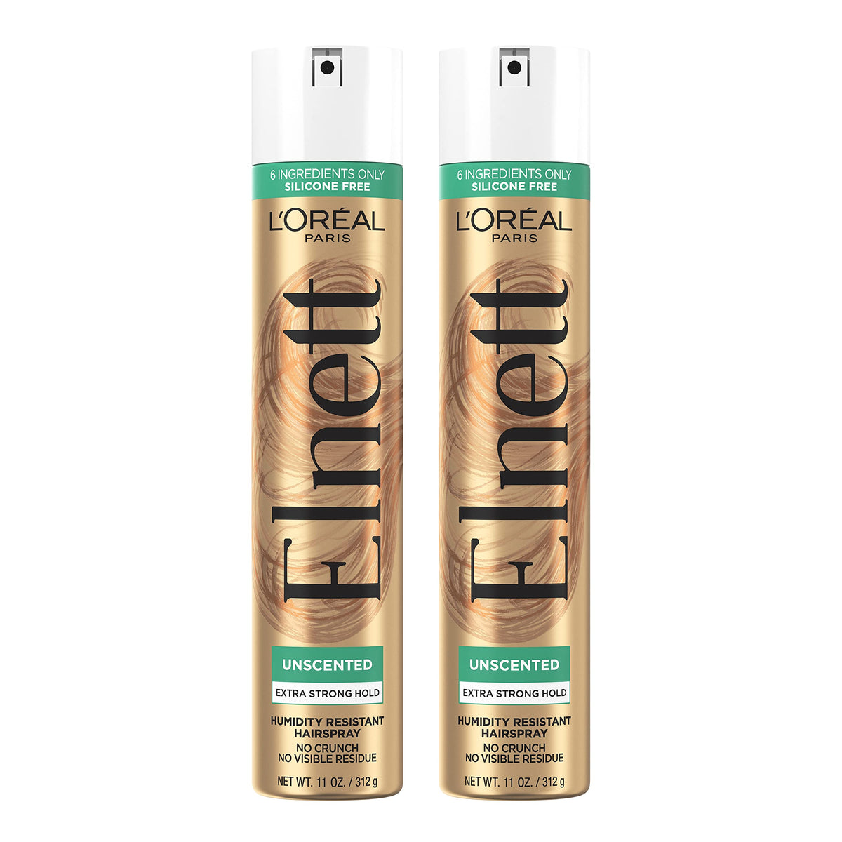 L'Oreal Paris Elnett Unscented Hairspray front view, 11 oz can