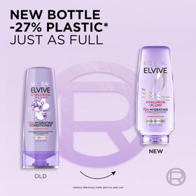 L'Oreal Paris Elvive Hyaluron Plump Hydrating Conditioner in a bathroom setting