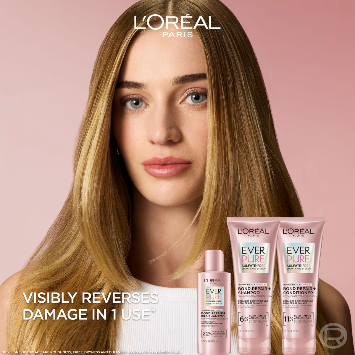 L'Oreal Paris EverPure Bond Repair+ Conditioner back view with ingredients