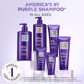 L'Oreal Paris EverPure Brass Toning Purple Shampoo on bathroom shelf