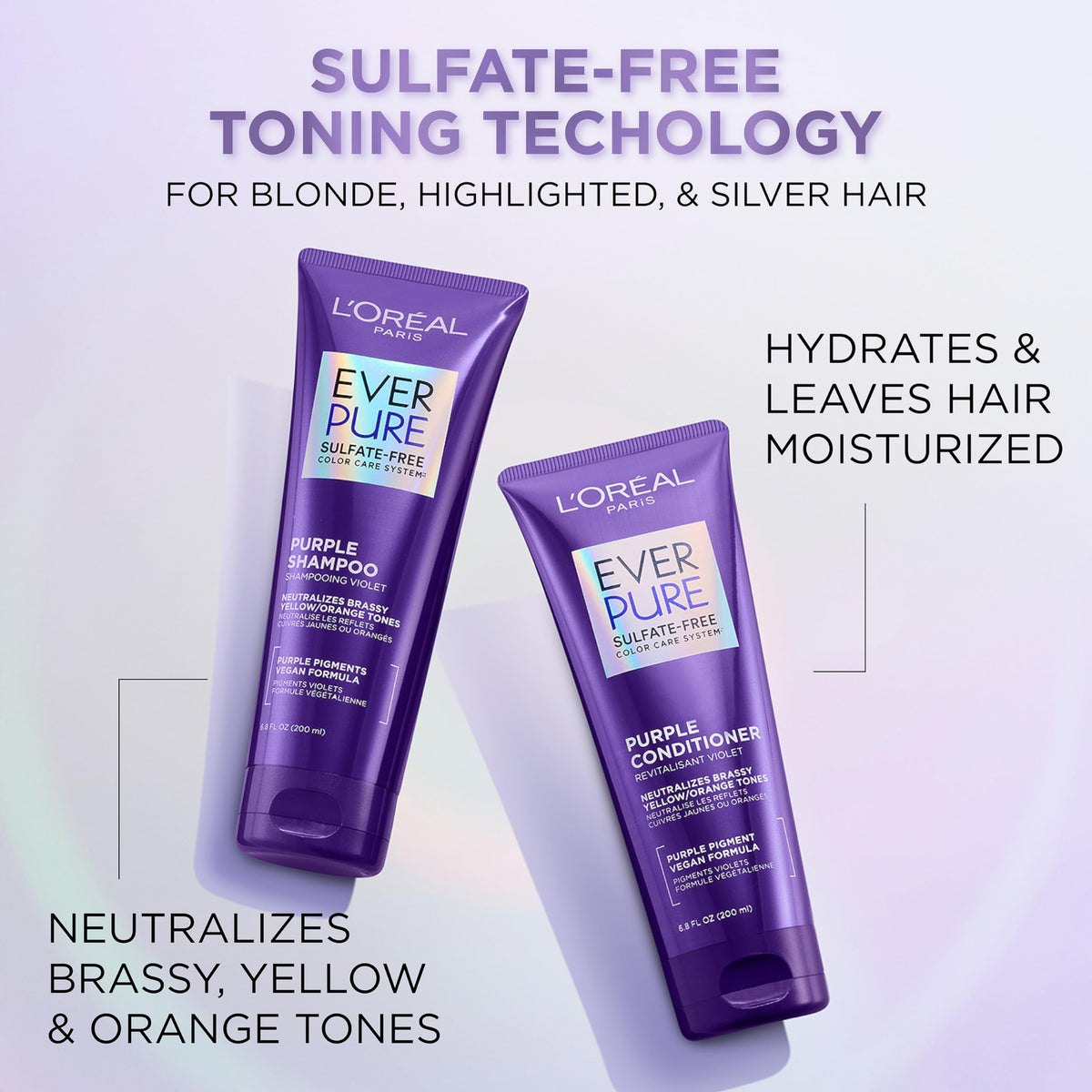 L'Oreal Paris EverPure Brass Toning Purple Shampoo side view showing cap