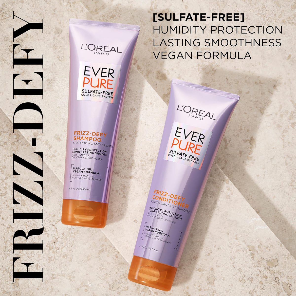 L'Oreal Paris Frizz Defy Shampoo bottle with Marula Oil