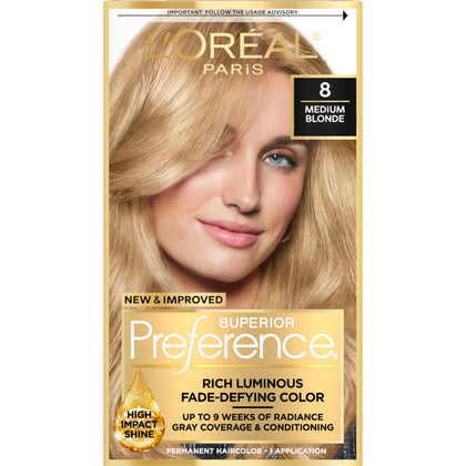 L'Oreal Paris Hair Colour 8 Medium Blonde front view with packaging