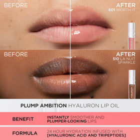 L'Oreal Paris Plump Ambition Lip Oil on lips, glossy finish