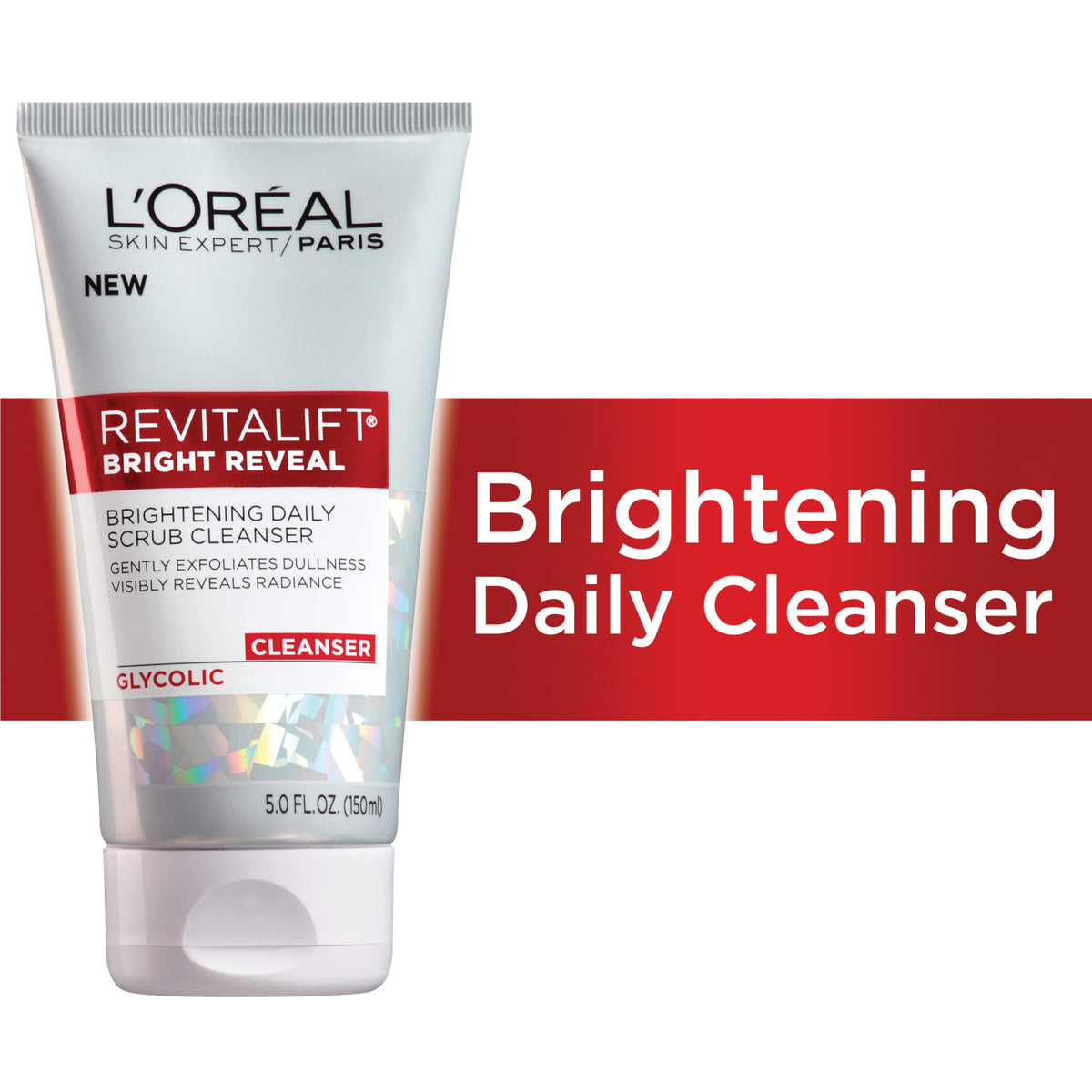 L'Oreal Paris Revitalift Bright Reveal Cleanser with a towel and fresh flowers