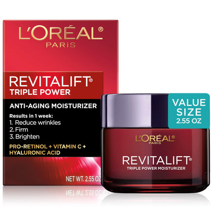 L'Oreal Paris Revitalift Triple Power Face Moisturizer front view with packaging
