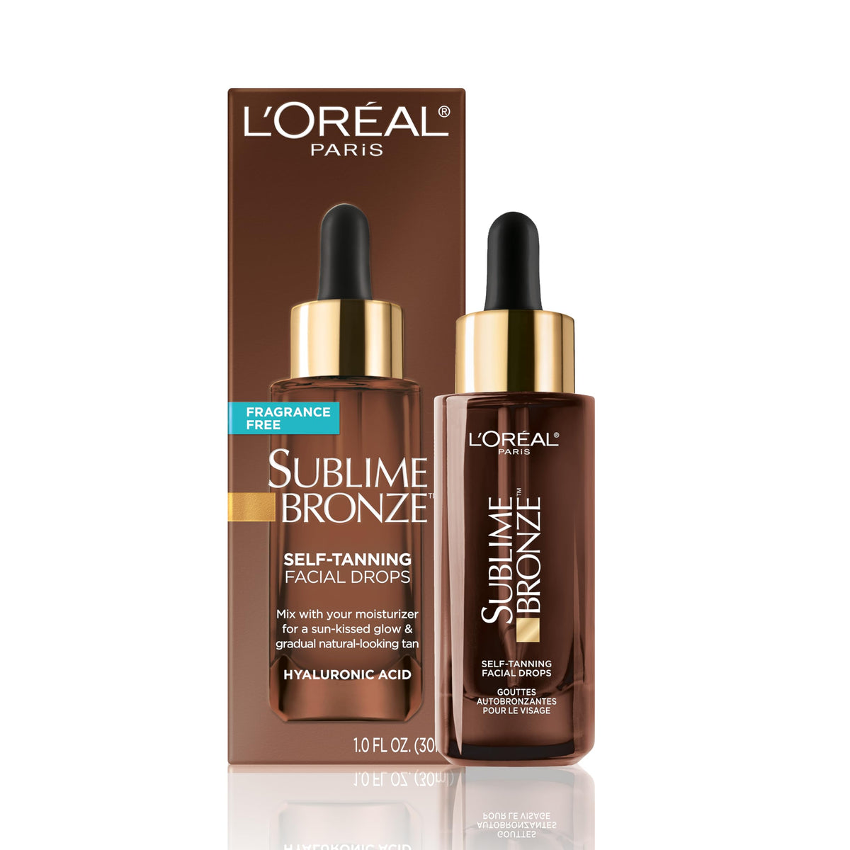 L'Oreal Paris Sublime Bronze Self Tanning Facial Drops front view with packaging