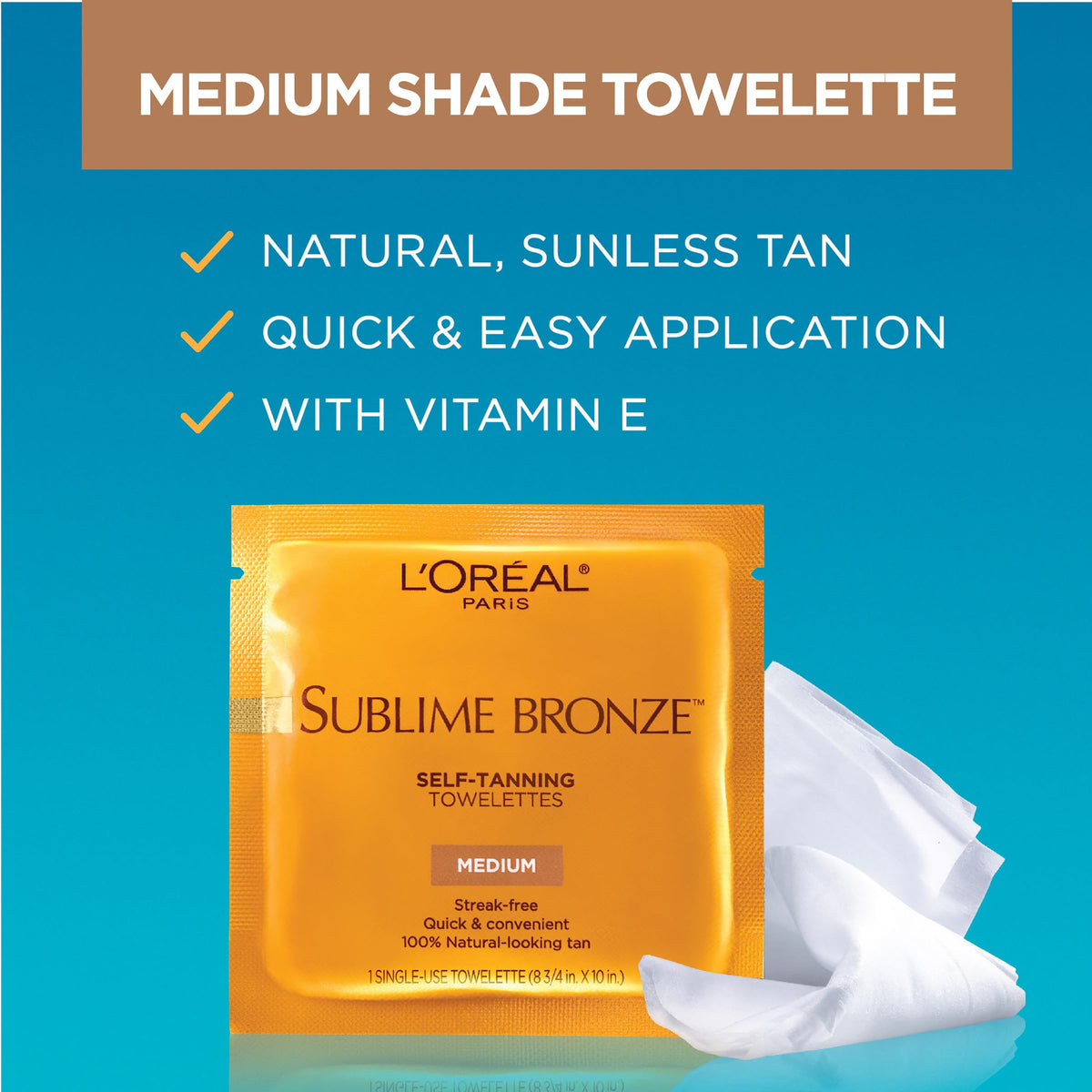 L'Oreal Paris Sublime Bronze Self Tanning Towelettes two-pack on a soft surface
