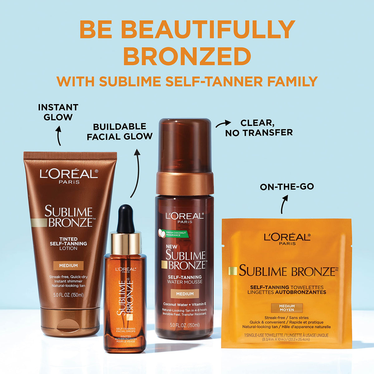 L'Oreal Paris Sublime Bronze Self Tanning Towelettes with a beach background