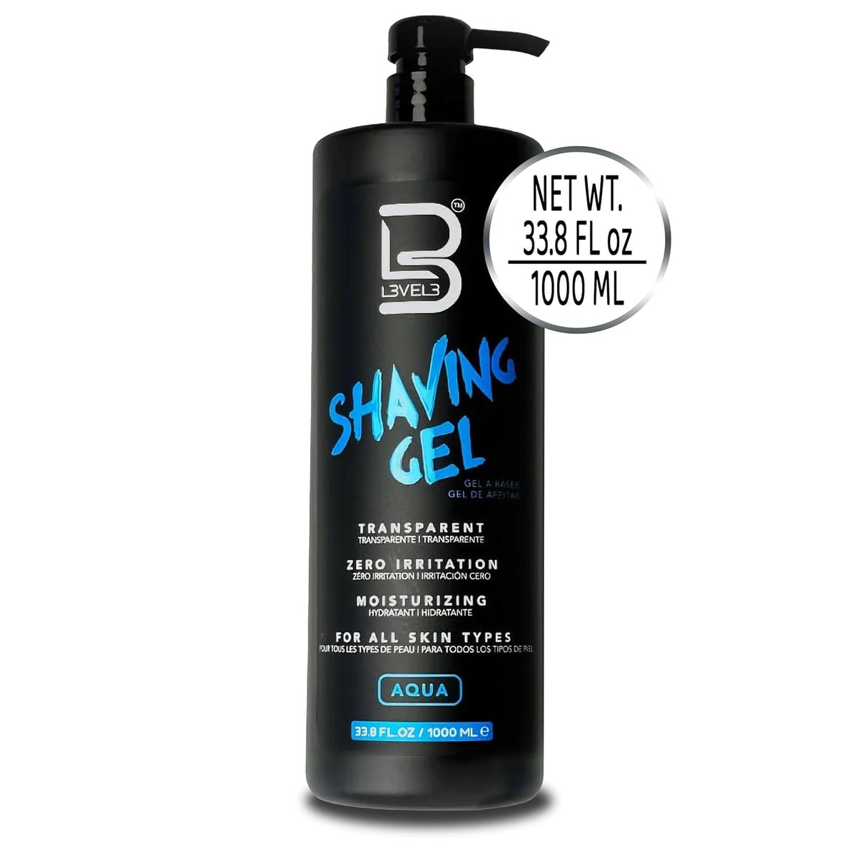 L3 Clear Shaving Gel 33.8 fl oz bottle on countertop