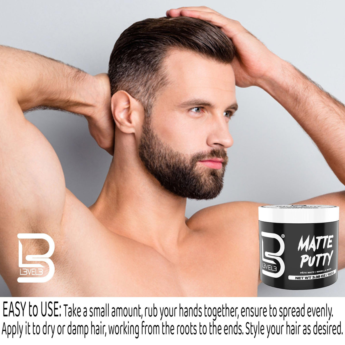 L3 Matte Putty Hair Product 3.5oz with application on hair
