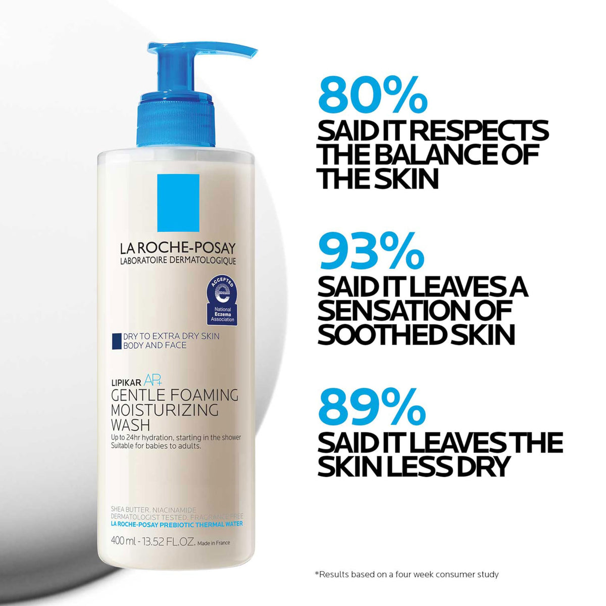 La Roche-Posay AP+ body wash on a bathroom shelf