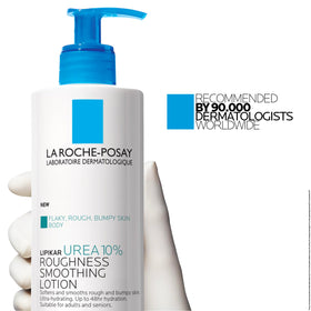 La Roche-Posay Lipikar Urea 10% Body Lotion beside a skincare routine
