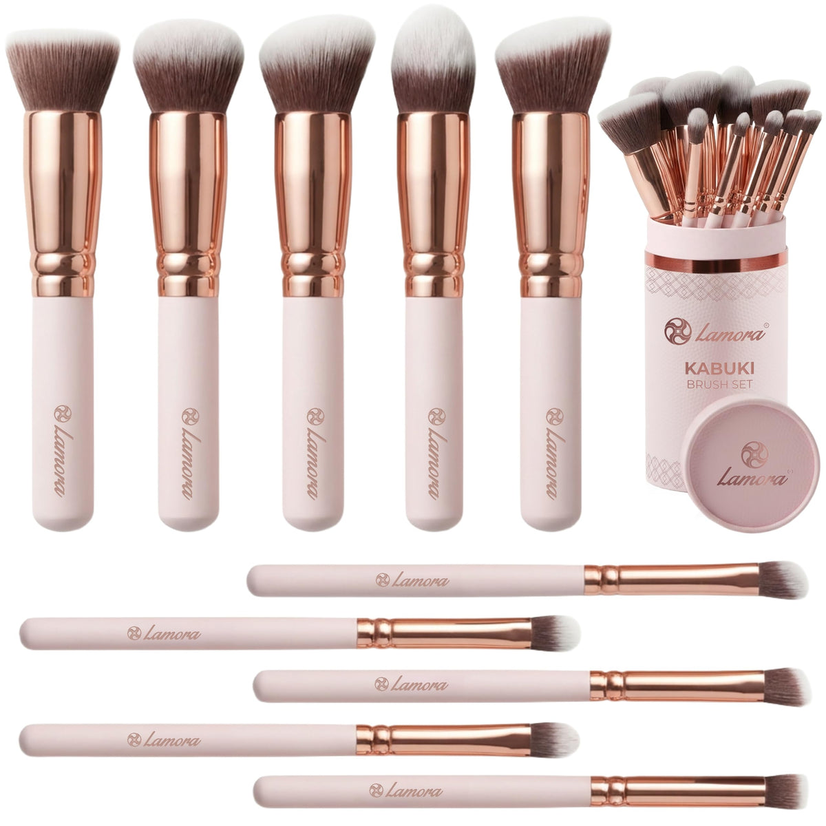 Lamora Kabuki Makeup Brush Set front view with 10 brushes