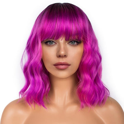 LANCAINI Colourful Short Bob Wig front view in Black-Rose Purple