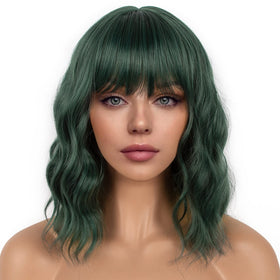 LANCAINI Dark Green Short Bob Wig front view with bangs