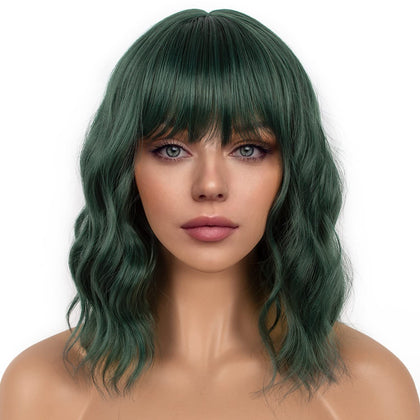 LANCAINI Dark Green Short Bob Wig front view with bangs