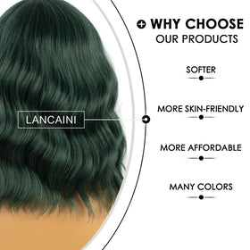 LANCAINI Dark Green Short Bob Wig on mannequin in natural light