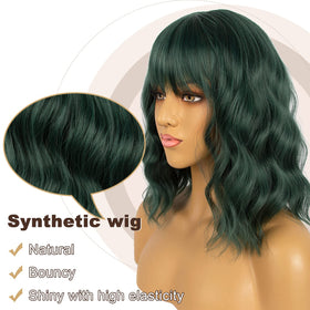 LANCAINI Dark Green Short Bob Wig side view showing loose waves