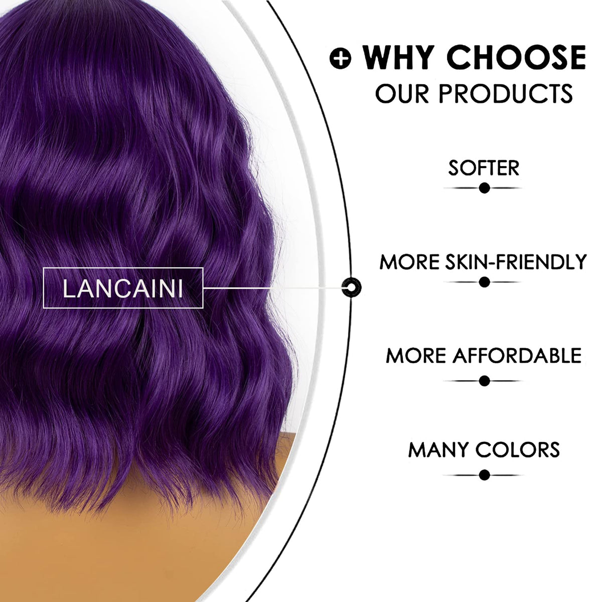 LANCAINI Dark Purple Short Bob Wig close-up of bangs and texture