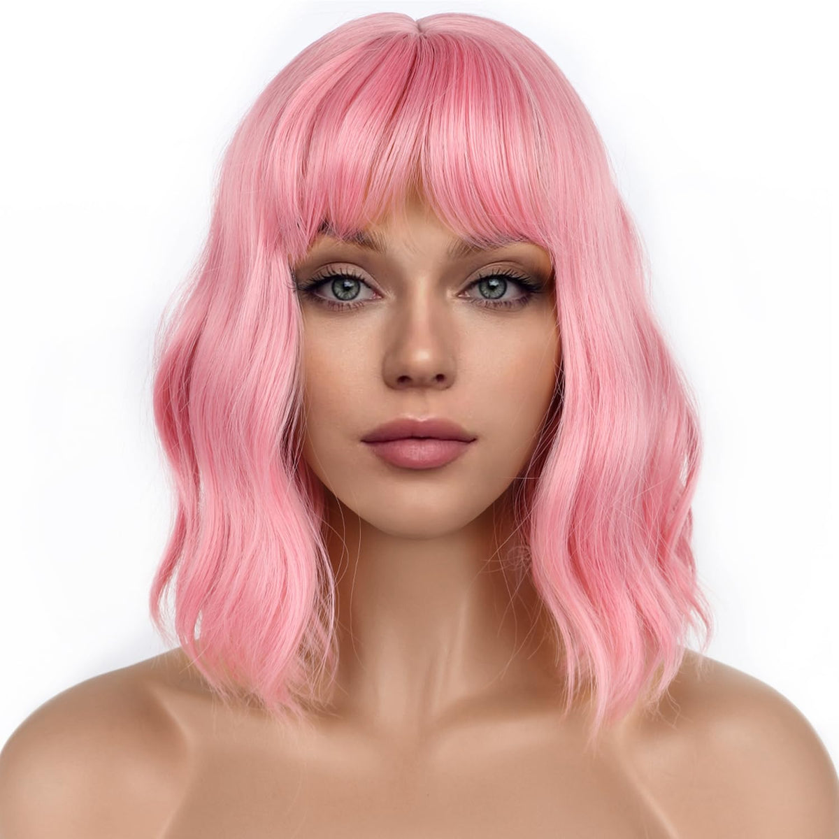 LANCAINI Pastel Bob Wig front view in pink with loose waves