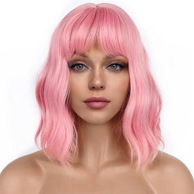 LANCAINI Pastel Bob Wig front view in pink with loose waves