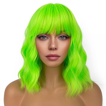 LANCAINI Short Bob Wig Neon Green front view with bangs