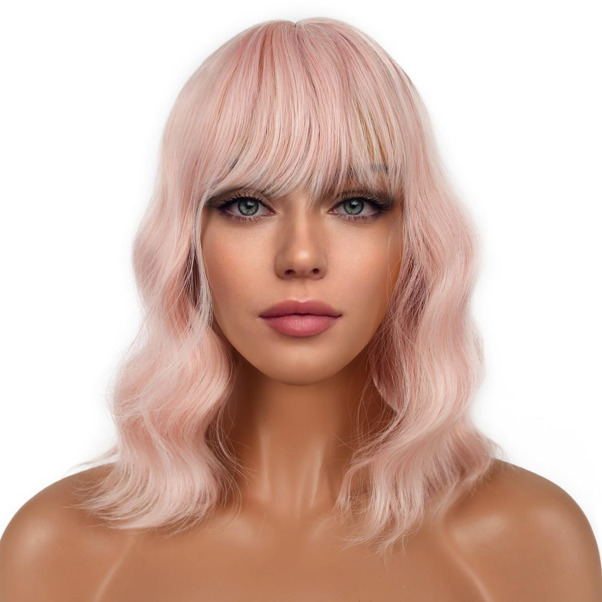 LANCAINI Short Bob Wig with Bangs front view in Peach Fuzz