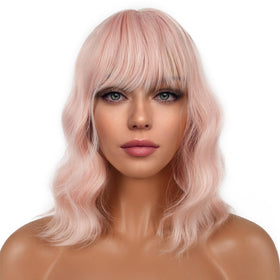 LANCAINI Short Bob Wig with Bangs front view in Peach Fuzz